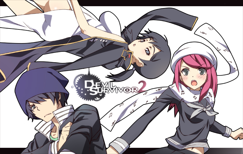 10s 1boy 2girls ban_airi beanie black_hair blue_eyes blue_hair breasts china_dress chinese_clothes devil_survivor_(series) devil_survivor_2 dress grey_eyes hat jacket jacket_on_shoulders kanno_fumi large_breasts long_hair midriff multiple_girls nyoro_(nyoronyoro000) red_hair scarf school_uniform serafuku shin_megami_tensei short_hair short_twintails side_slit torii_jungo track_jacket twintails white_dress
