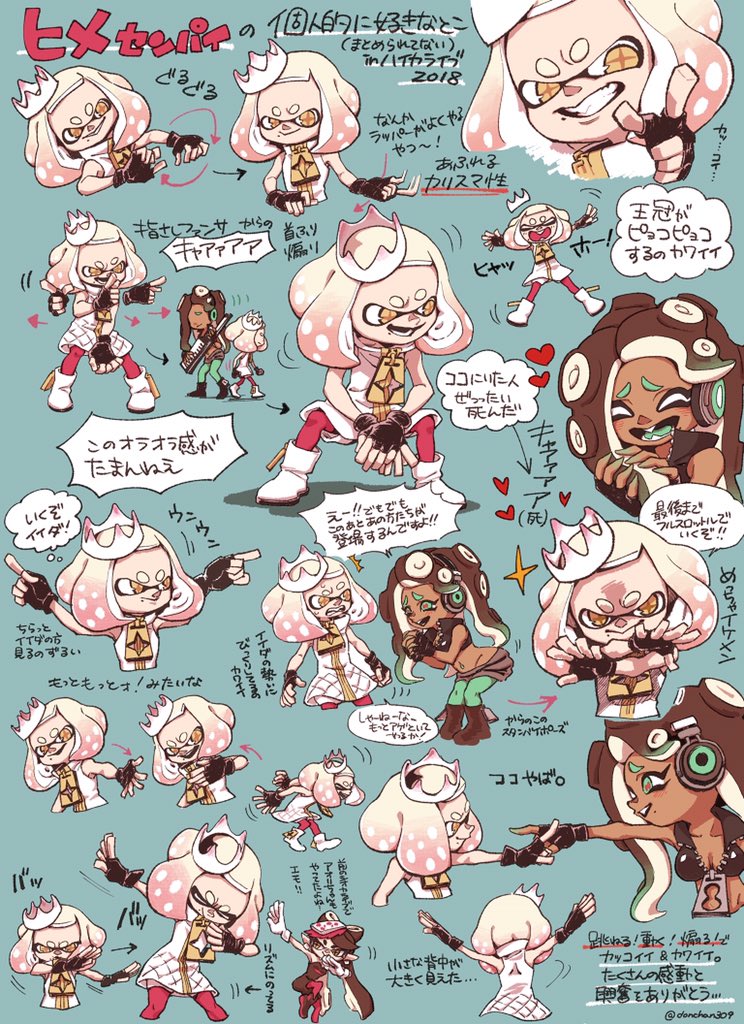 3girls arrow_(symbol) black_hair breasts callie_(splatoon) callie_(squid_sisters_outfit)_(splatoon) cleavage cropped_vest crown dab_(dance) dark-skinned_female dark_skin dress fingerless_gloves gloves gradient_hair green_hair groin headphones inkling marina_(off_the_hook_outfit)_(splatoon) marina_(splatoon) matsugi_zuntaro medium_breasts midriff miniskirt mole mole_under_eye multicolored_hair multiple_girls navel nintendo octoling orange_eyes pearl_(off_the_hook_outfit)_(splatoon) pearl_(splatoon) pink_hair pointing skirt splatoon_(series) splatoon_1 splatoon_2 squatting tentacle_hair translation_request vest white_dress white_hair zipper_pull_tab