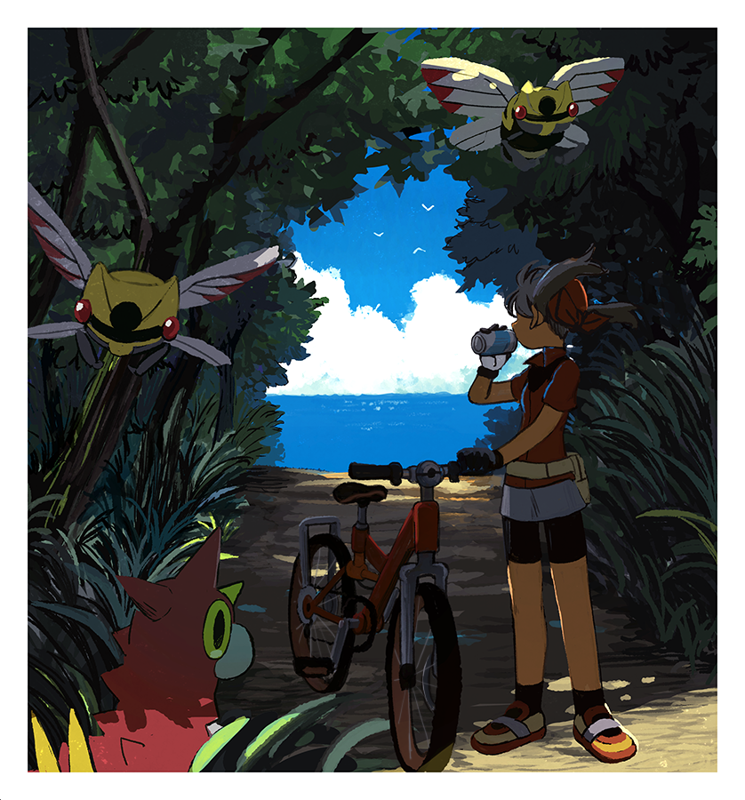 1girl bandana bicycle bike_shorts bird border can cloud commentary_request day game_freak gen_3_pokemon gloves grass hand_up holding holding_can may_(pokemon) ninjask nintendo outdoors pokemon pokemon_(creature) pokemon_rse popcorn_91 red_shirt shadow shirt shoes short_hair short_sleeves skirt sky socks tree white_border wurmple
