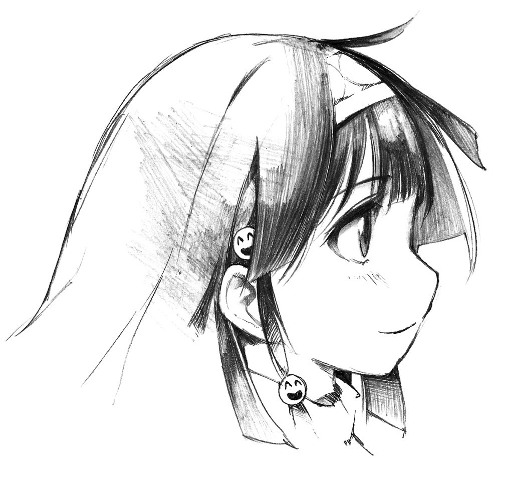 1boy alluka_zoldyck androgynous bad_id bad_pixiv_id blush greyscale hairband hunter_x_hunter male_focus monochrome portrait profile sketch smile smiley_face solo topo_(bacchustab) topo_bevitore trap