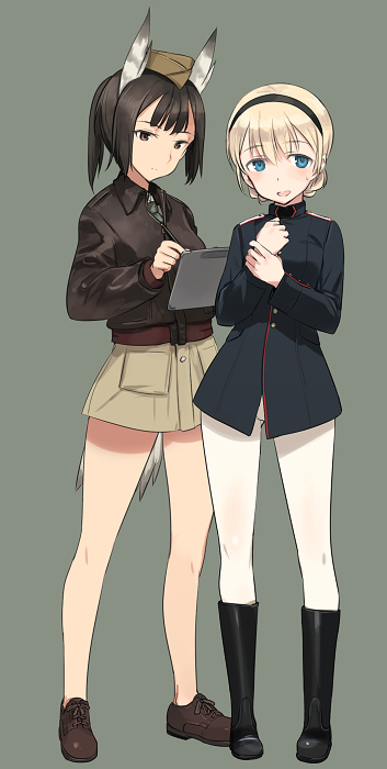 2girls animal_ears blonde_hair blue_eyes blush boots braid brown_eyes brown_hair clipboard garrison_cap geena_preddy hairband hat head_wings long_hair looking_at_viewer military military_uniform multiple_girls noble_witches open_mouth pantyhose pen rosalie_de_hemricourt_de_grunne shimada_fumikane short_hair simple_background skirt smile tail white_legwear wings world_witches_series