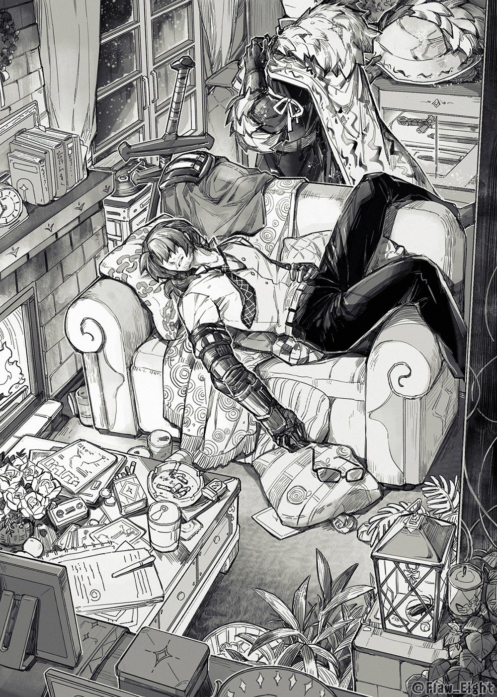 2boys belt book cape cassette_player cigarette cinq_association_west_uniform collared_shirt curtains fireplace flaw_eight glasses gregor_(project_moon) greyscale highres indoors lantern limbus_company low_ponytail lying mechanical_arms meursault_(project_moon) monochrome multiple_boys necktie on_back open_mouth pants pillow plant ponytail potted_plant project_moon shirt single_mechanical_arm sword weapon window zwei_association_south_uniform zweihander