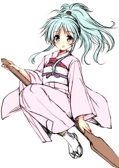 1girl :o blue_hair botan_(yu_yu_hakusho) full_body high_ponytail japanese_clothes kimono long_hair looking_at_viewer open_mouth ponytail purple_eyes simple_background sitting socks solo tamiya_akito white_background yuu_yuu_hakusho