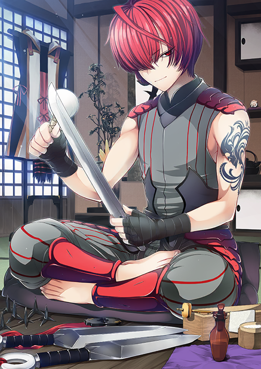 1boy arm_tattoo bandaged_hand bandages barefoot closed_mouth fate/grand_order fate_(series) fuuma_kotarou_(fate) hair_over_one_eye head_tilt holding indoors japanese_clothes kataginu kunai light_particles light_rays looking_at_viewer male_focus object_request official_art one_eye_covered plant potted_plant puffy_pants red_eyes red_hair sasaki_shounen short_hair shouji sitting sleeveless sliding_doors smile solo tatami tattoo third-party_source toenails toes unworn_clothes weapon