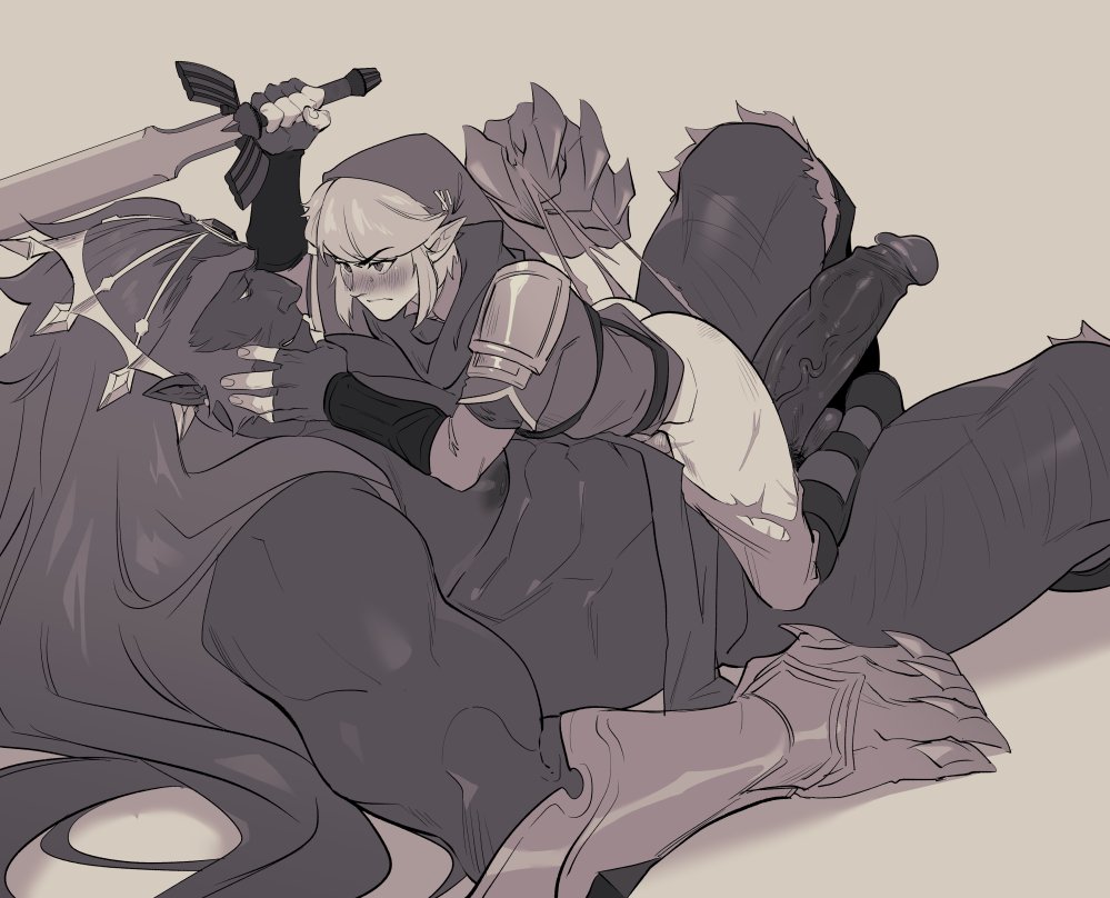 2boys abs arm_up armor ass bara beard biceps blush boots clawed_gauntlets closed_mouth clothed_male_nude_male clothes_pull dark-skinned_male dark_skin eye_contact facial_hair feet_out_of_frame ganondorf gauntlets girthy_penis hand_on_another&#039;s_face hat holding holding_sword holding_weapon hyrule_warriors kukumomo large_penis leg_hair link long_hair looking_at_another lying male_focus master_sword monochrome multiple_boys muscular muscular_male nintendo nipples nude on_back patreon_logo pectorals penis pointy_ears scarf shoulder_armor simple_background size_difference straddling sweat sweatdrop sword testicles the_legend_of_zelda torn_clothes tunic twitter_username veins veiny_penis very_long_hair weapon yaoi