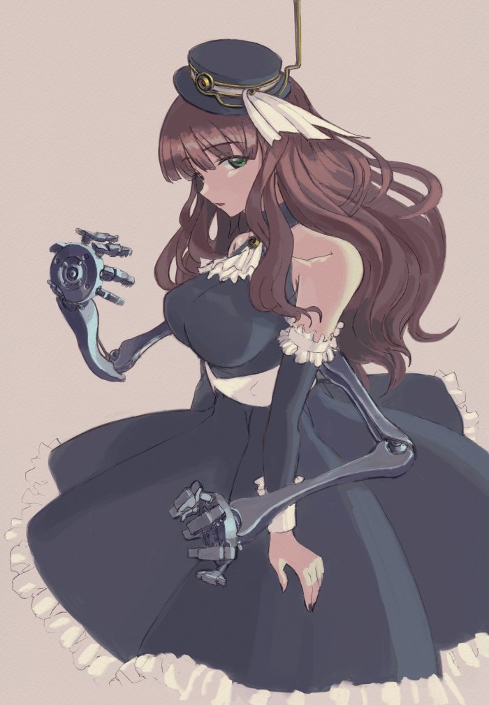 1girl ascot bare_shoulders black_dress black_hat black_nails black_sleeves breasts brown_hair detached_sleeves dress extra_arms fingernails frilled_dress frills green_eyes hat large_breasts long_hair long_sleeves mechanical_arms nail_polish open_mouth original sleeve_cuffs sleeveless sleeveless_dress solo vaison white_ascot