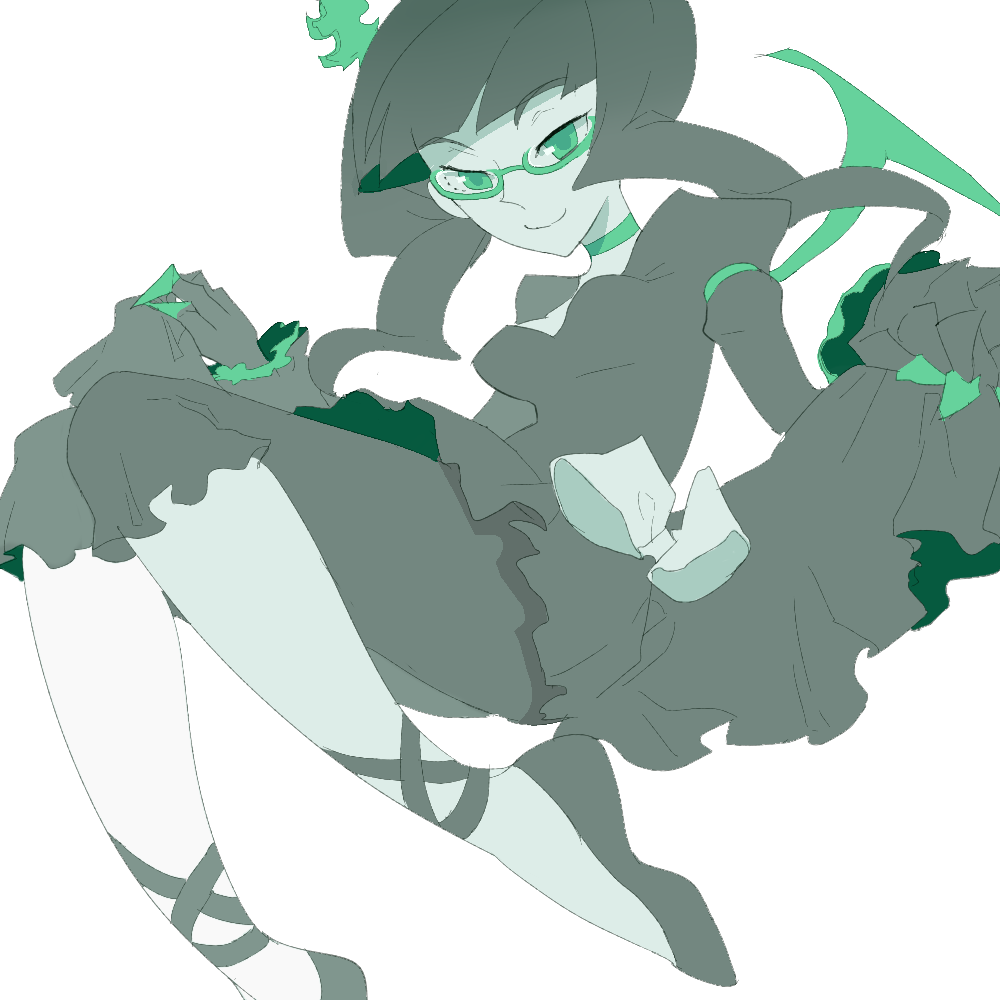 1girl black_choker black_dress black_hair black_leggings black_rock_shooter choker dead_master dress goldfishu green-framed_eyewear green_eyes green_horns horns leggings medium_hair pale_skin skeletal_hand skeletal_wings solo wings