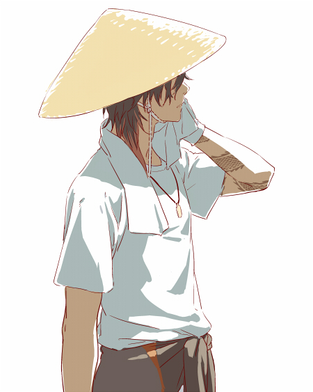 1boy ajirogasa arm_tattoo black_hair clothes_around_waist dark-skinned_male dark_skin dragon_tattoo hat jacket jacket_around_waist jewelry leuco male_focus multicolored_hair necklace ookurikara orange_hair shirt simple_background solo standing tattoo touken_ranbu towel towel_around_neck upper_body white_background white_shirt