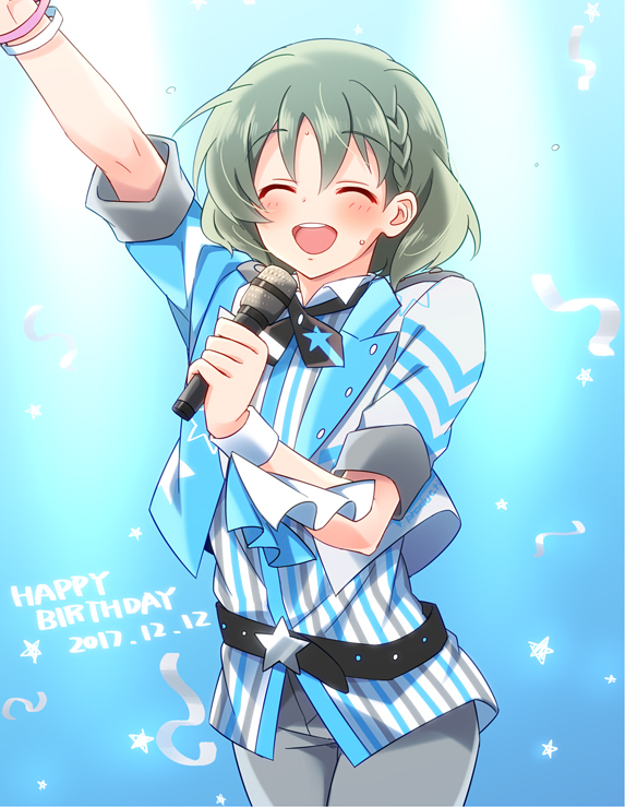 1boy arm_up birthday blush braid closed_eyes commentary_request confetti cowboy_shot cross_tie dated english_text grey_pants hand_up happy_birthday holding holding_microphone idol idol_clothes idolmaster idolmaster_side-m jacket microphone multicolored_jacket multicolored_shirt multiple_wristbands music official_alternate_costume open_clothes open_jacket open_mouth pants short_hair short_sleeves side_braid singing single_wrist_cuff smile solo soumendaze standing star_(symbol) sweat teeth tongue upper_teeth_only uzuki_makio white_wrist_cuffs wrist_cuffs wristband