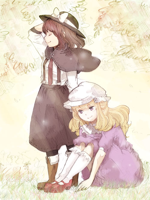 2girls arm_up blonde_hair bobby_socks boots capelet dress dress_shirt closed_eyes female_focus hat hat_ribbon long_hair ma-hain-scarlet magical_astronomy maribel_hearn mary_janes multiple_girls necktie ribbon shirt shoes sitting skirt smile socks suspenders touhou usami_renko