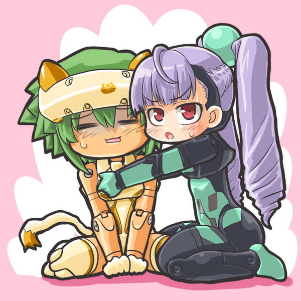 10s blue_hair busou_shinki chibi dd_(ijigendd) doll_joints green_hair joints maochao mecha_musume pink_eyes ponytail yda