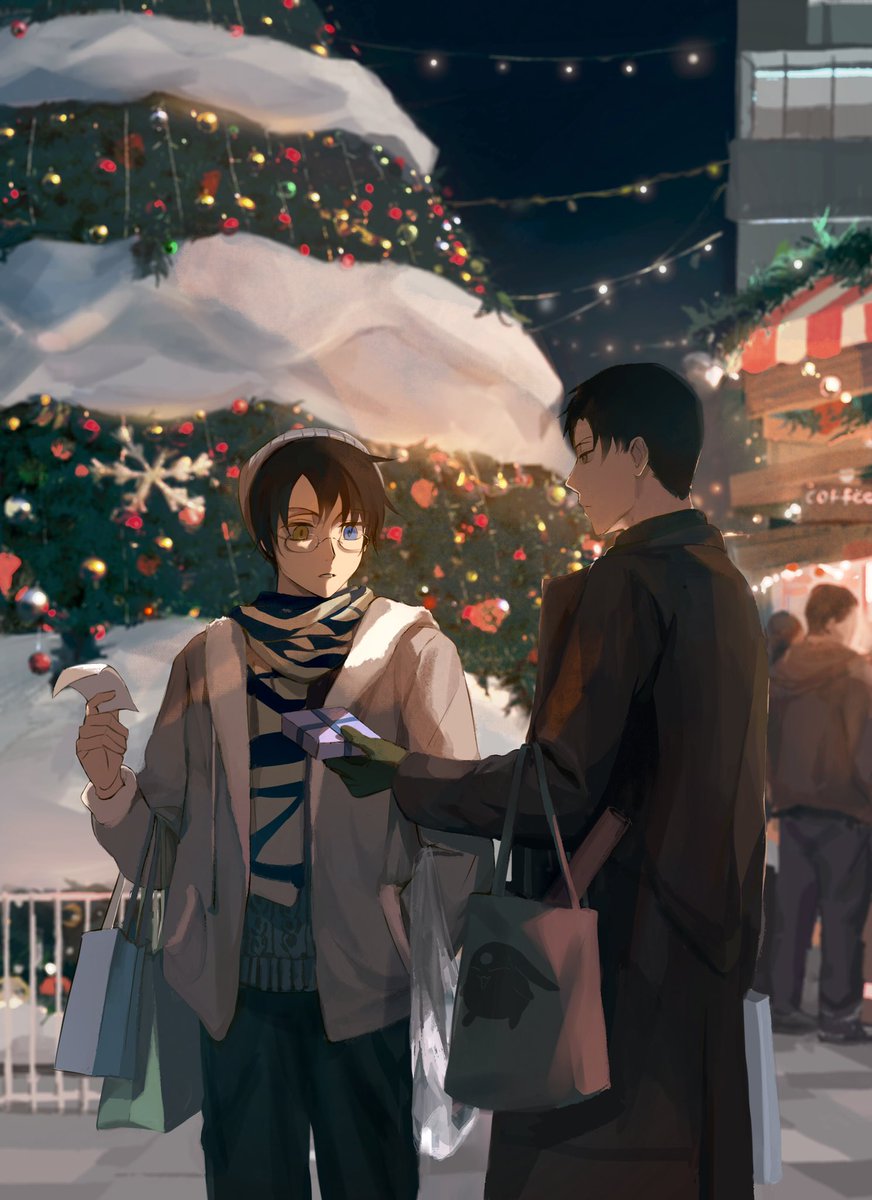 2boys bag beanie black_coat black_gloves black_hair black_pants blue_ribbon blue_sweater_vest box building carrying_bag christmas christmas_lights christmas_ornaments christmas_present christmas_tree coat commentary couple cowboy_shot cropped_legs doumeki_shizuka drawstring fence garland_(decoration) gift gift_box glasses gloves grey_hoodie hair_between_eyes hand_up handbag hat heterochromia highres holding holding_gift holding_paper holly hood hood_down hoodie index_finger_raised layered_clothes looking_at_another looking_at_object male_focus market_stall multiple_boys night night_sky outstretched_arm pants paper parted_lips people pine_tree plastic_bag ribbon rimless_eyewear scarf shopping_bag shusuzu sky snowflake_ornament striped_clothes striped_scarf sweater_vest tree trench_coat watanuki_kimihiro white_bag winter xxxholic yaoi yellow_eyes
