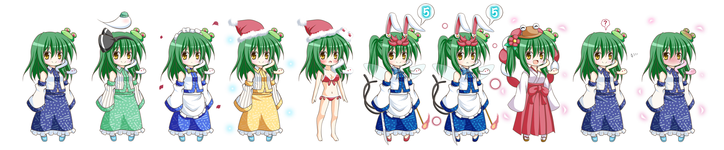 1girl ? ^_^ adapted_costume alternate_costume alternate_headwear animal_ears bare_shoulders bikini blush bow breasts rabbit_ears cat_tail chen cleavage closed_eyes cosplay cursor detached_sleeves embarrassed enmaided expressive_clothes closed_eyes fairy_wings flower frog_hair_ornament full-face_blush full_body fusion green_hair hair_flower hair_ornament hair_ribbon hat highres japanese_clothes kemonomimi_mode kochiya_sanae konpaku_youmu konpaku_youmu_(cosplay) konpaku_youmu_(ghost) long_hair long_image maid maid_headdress miko moriya_suwako multiple_views navel open_mouth osashin_(osada) ponytail pyonta red_bow reisen_udongein_inaba ribbon rope santa_hat shimenawa skirt smile smirk snake_hair_ornament spoken_question_mark swimsuit sword tail toramaru_shou toramaru_shou_(cosplay) torch touhou transparent_background weapon wide_image wings yasaka_kanako yellow_eyes