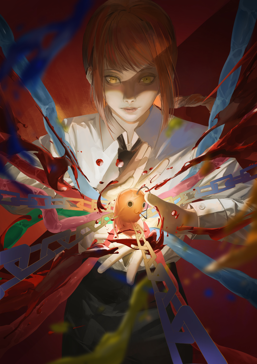 1girl :3 black_necktie black_pants blazpu blood braid braided_ponytail chain chainsaw_man collared_shirt cowboy_shot floating floating_object hands_up high-waist_pants highres intestines long_hair long_sleeves makima_(chainsaw_man) necktie pants pochita_(chainsaw_man) pull_cord red_background red_hair ringed_eyes shirt yellow_eyes
