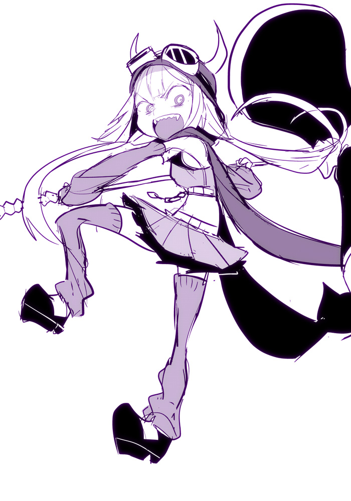 1girl :d commentary_request constricted_pupils crop_top fangs full_body goggles goggles_on_headwear hammer holding holding_hammer holding_weapon hood hood_up ken_(koala) long_hair long_sleeves looking_at_viewer magia_record:_mahou_shoujo_madoka_magica_gaiden magical_girl mahou_shoujo_madoka_magica mitsuki_felicia monochrome open_mouth pleated_skirt purple_theme scarf sharp_teeth shoes simple_background skirt smile solo standing standing_on_one_leg teeth twintails uneven_eyes weapon white_background