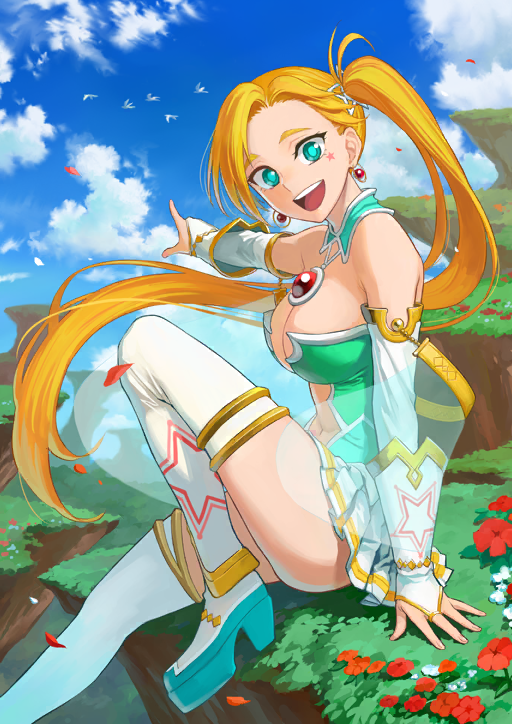 1girl :d b_suke bare_shoulders blonde_hair blue_sky boots breasts calamity_jane_(fate) calamity_jane_(third_ascension)_(fate) cleavage cloud collar detached_sleeves earrings facial_mark fate/grand_order fate_(series) fingerless_gloves floating_hair flower foot_out_of_frame from_side game_cg gloves green_collar green_leotard hair_ornament happy head_tilt high_heel_boots high_heels high_side_ponytail jewelry knee_up leotard long_hair looking_at_viewer medium_breasts miniskirt navel official_art open_mouth platform_boots pleated_skirt plunging_neckline pointing red_flower sitting skirt sky smile solo star_(symbol) star_facial_mark star_hair_ornament strapless strapless_leotard teeth thigh_boots third-party_source upper_teeth_only variant_set very_long_hair white_boots white_gloves white_skirt white_sleeves