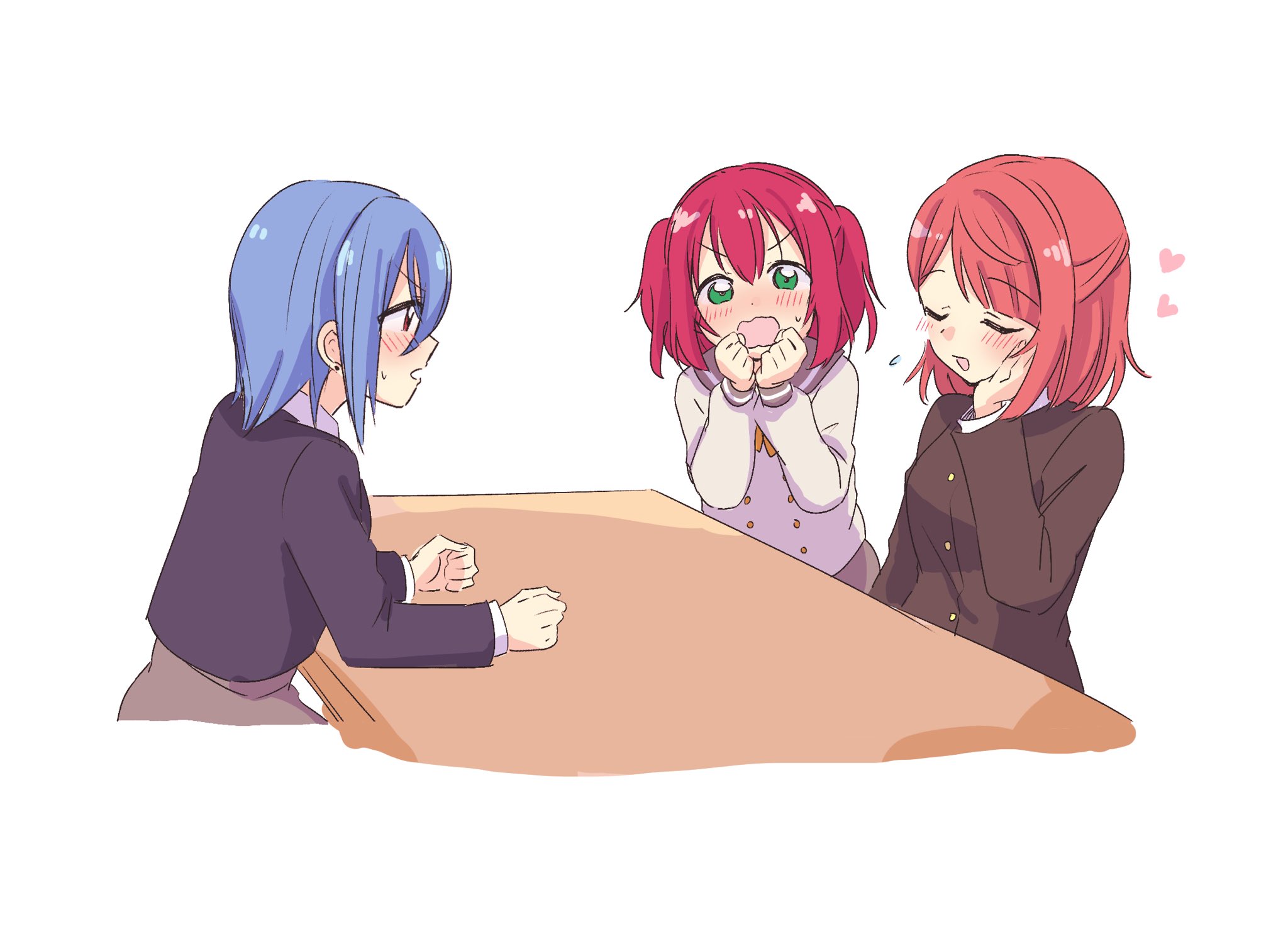 3girls aiscream_(love_live!) black_jacket blue_hair blunt_bangs blush bow bowtie breasts buttons closed_eyes collared_shirt commentary_request double-breasted dress dress_shirt green_eyes grey_dress grey_sailor_collar grey_skirt hair_between_eyes half_updo heart highres in-franchise_crossover jacket kurosawa_ruby long_sleeves looking_at_another love_live! love_live!_nijigasaki_high_school_idol_club love_live!_sunshine!! love_live!_superstar!! mame_mochiko medium_breasts medium_hair multiple_girls nijigasaki_school_uniform nose_blush open_mouth pink_hair red_hair sailor_collar school_uniform serafuku shirt short_hair simple_background skirt sweatdrop swept_bangs table two_side_up u_u uehara_ayumu uranohoshi_school_uniform v-shaped_eyebrows wakana_shiki wavy_mouth white_background white_shirt winter_uniform yellow_bow yellow_bowtie yuigaoka_school_uniform
