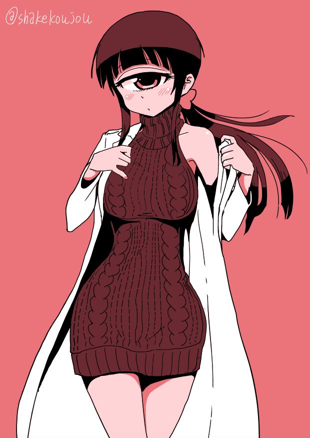 1girl aran_sweater blunt_bangs blush breasts cable_knit cyclops dress female_focus hitomi_sensei_no_hokenshitsu lab_coat large_breasts long_hair long_sleeves looking_at_viewer meme_attire off_shoulder one-eyed original pink_background pink_theme ponytail shake-o simple_background single_bare_shoulder solo standing sweater sweater_dress twitter_username undressing virgin_killer_sweater