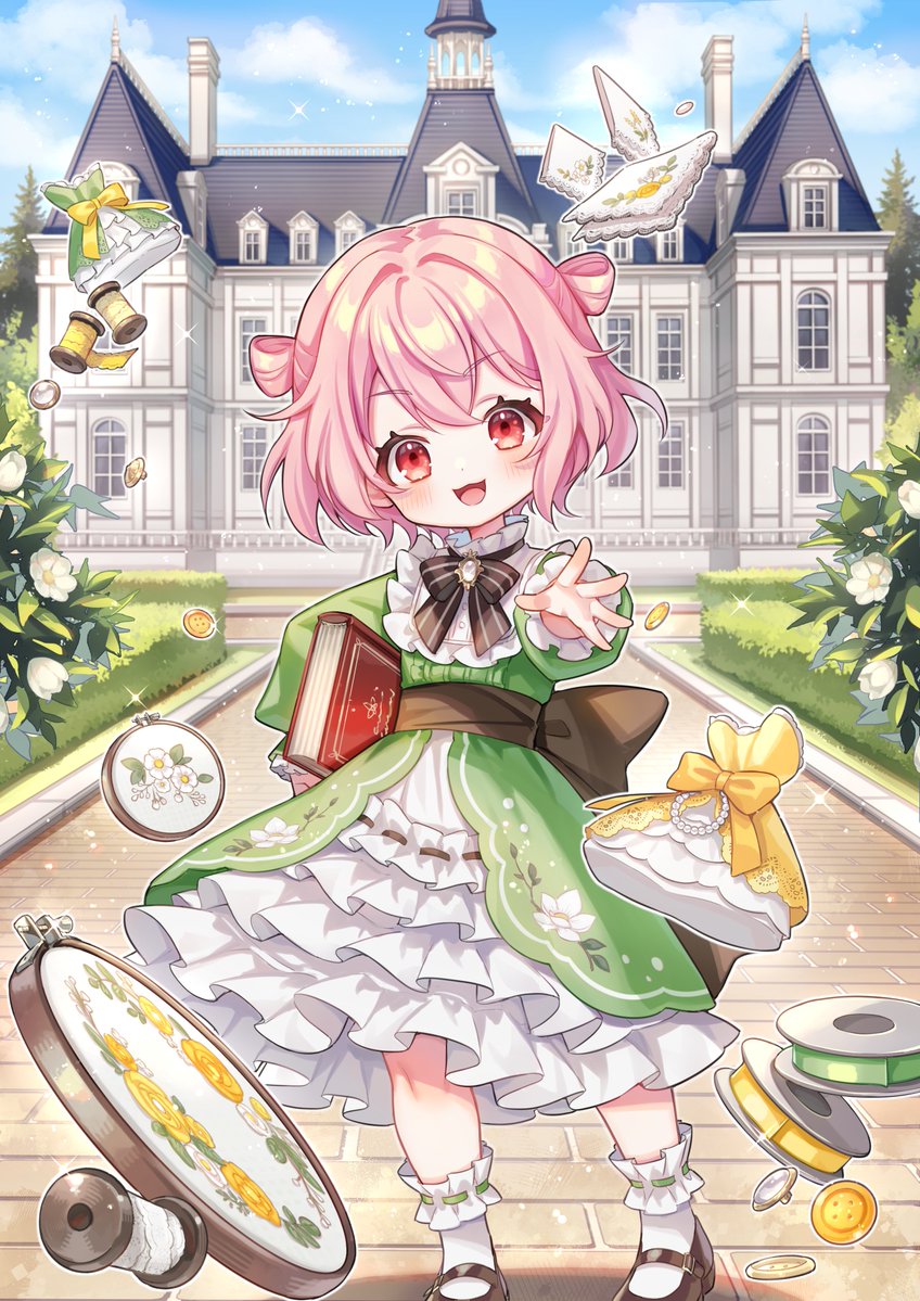 1girl :d back_bow black_bow black_bowtie blush book bow bowtie brown_bow brown_shoes buttons commentary_request day double_bun dress frilled_dress frilled_socks frills green_dress hair_bun holding holding_book long_sleeves looking_at_viewer mansion mary_janes needle open_mouth outdoors outstretched_arm pink_hair red_eyes ribbon-trimmed_socks ribbon_trim sewing_needle sewing_pattern shoes short_hair smile socks solo standing suzaku_(zaku6584) tensei_arasaa_joshi_no_isekaikatsu