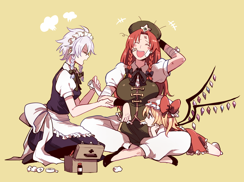 3girls 50yen_(gojiue) annoyed apron arm_behind_head bandages beret blonde_hair bow braid breast_rest breasts breasts_on_head chinese_clothes closed_eyes dress dress_shirt female_focus first_aid_kit flandre_scarlet hair_bow hair_ribbon hat hat_bow head_rest hong_meiling indian_style injury izayoi_sakuya large_breasts laughing long_hair lying maid maid_apron maid_headdress medium_breasts multiple_girls on_lap on_stomach open_mouth ponytail profile red_eyes red_hair ribbon shirt short_hair side_ponytail silver_hair simple_background sitting skirt skirt_set smile touhou twin_braids vest wings wrist_band