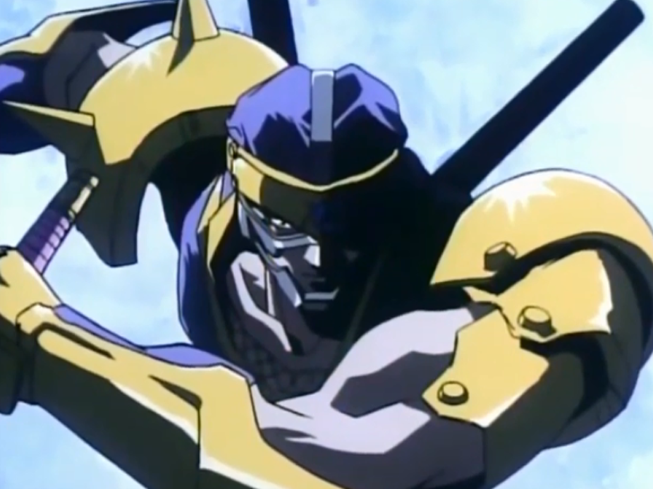 1990s_(style) 1boy choujin_gakuen_gowcaizer fudomaru helmet katana masked moonlight ninja oobari_masami red_sky retro_artstyle screencap sky sword weapon