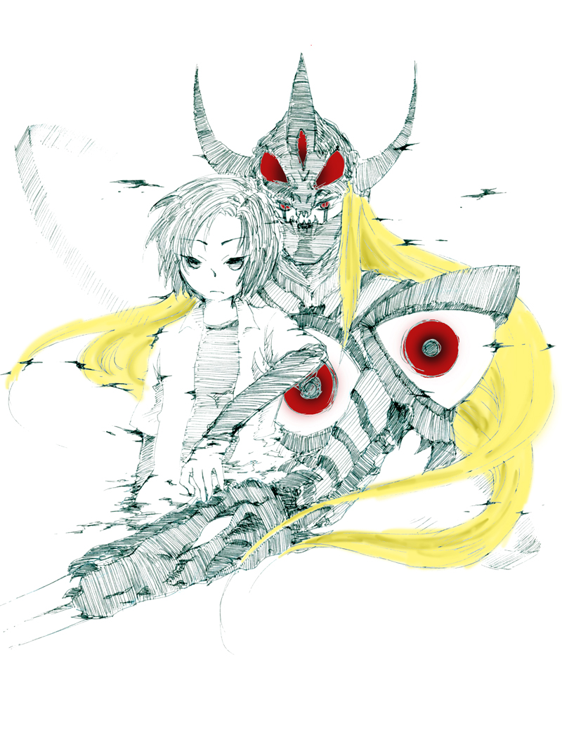 blonde_hair corruption digimon digimon_(creature) digimon_frontier duskmon kimura_kouichi looking_at_viewer red_eyes