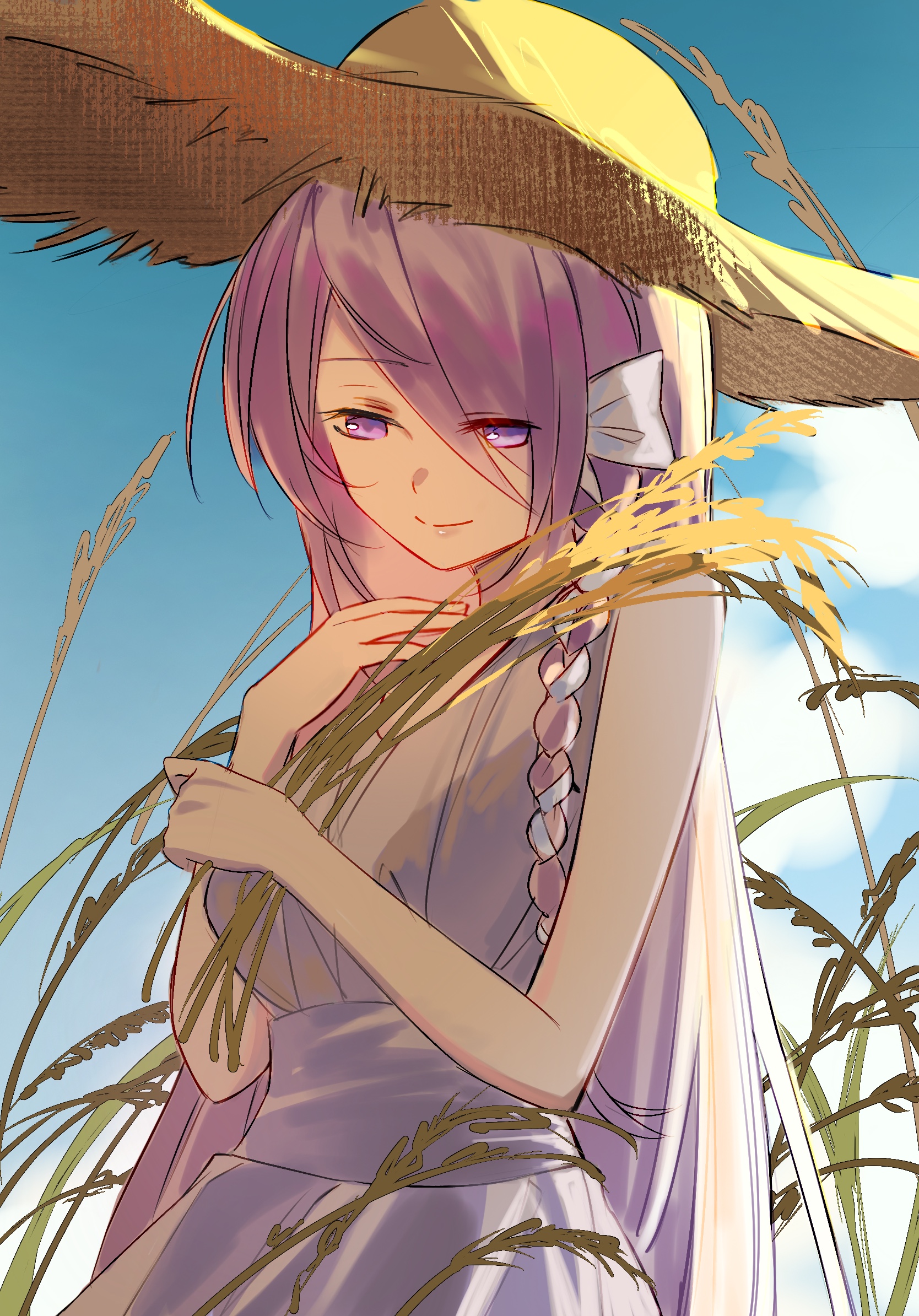 1girl blue_sky braid breasts dress hair_over_one_eye hat heaven_burns_red highres kr_woyue kura_satomi large_breasts long_hair pink_hair ponytail red_eyes ribbon rice_(plant) sky solo straw_hat very_long_hair white_dress