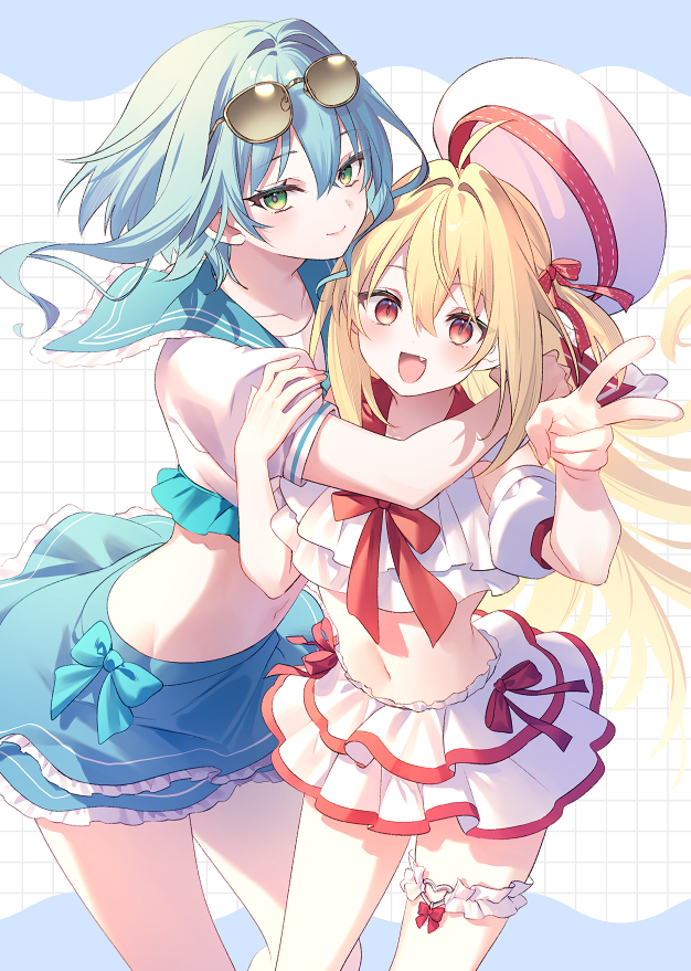 2girls aqua_bikini aqua_hair bikini bikini_skirt blonde_hair blush eyewear_on_head fang green_eyes heart hikikomari_kyuuketsuki_no_monmon multiple_girls navel red_eyes riichu sunglasses swimsuit terakomari_gandezblood v vampire villhaze white_bikini