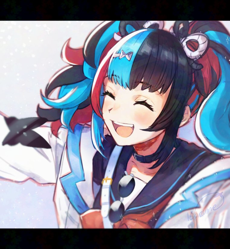 1girl black_border border closed_eyes fate/grand_order fate_(series) jacket multicolored_hair sailor_collar sei_shounagon_(fate) signature smile somemiya_suzume sunglasses twintails unworn_eyewear white_jacket