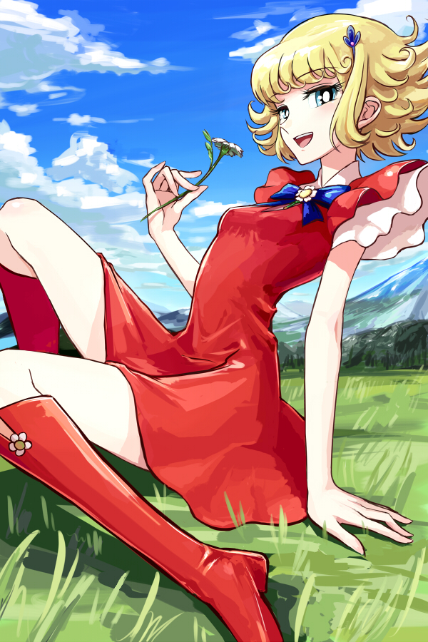 1970s_(style) 1girl arm_support bad_id bad_pixiv_id blonde_hair blue_eyes boots bow cloud curly_hair day dress female_focus flower fushoku grass hair_ornament hairpin hana_no_ko_lunlun knee_boots looking_at_viewer lunlun magical_girl mountain oldschool open_mouth outdoors red_boots red_dress retro_artstyle short_dress short_hair sitting sky smile solo