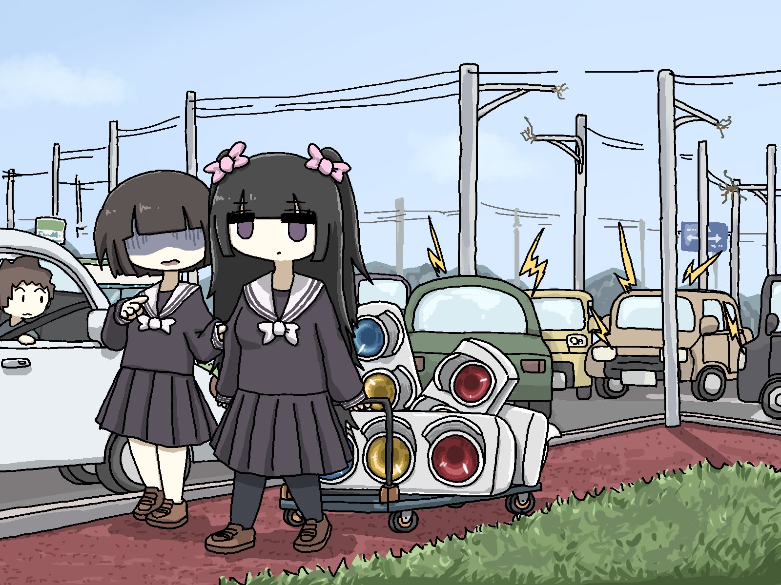 1other 2girls black_hair blunt_bangs bob_cut bow brown_hair cable car cart faceless familymart fuchina_(fucinami) full_body highres hime_cut loafers long_hair long_sleeves motor_vehicle multiple_girls original outdoors pantyhose pink_bow pleated_skirt sailor_collar sayu-chan_(fuchina) school_uniform shoes skirt solid_eyes traffic traffic_jam traffic_light walking white_bow white_sailor_collar yato-chan_(fuchina)