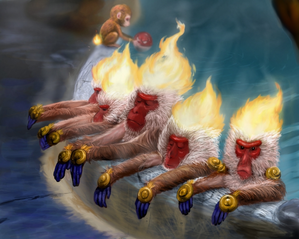 chimchar cosmo_(465lilia) fire gen_1_pokemon gen_4_pokemon infernape monkey nintendo no_humans onsen pokemon pokemon_(creature) realistic voltorb