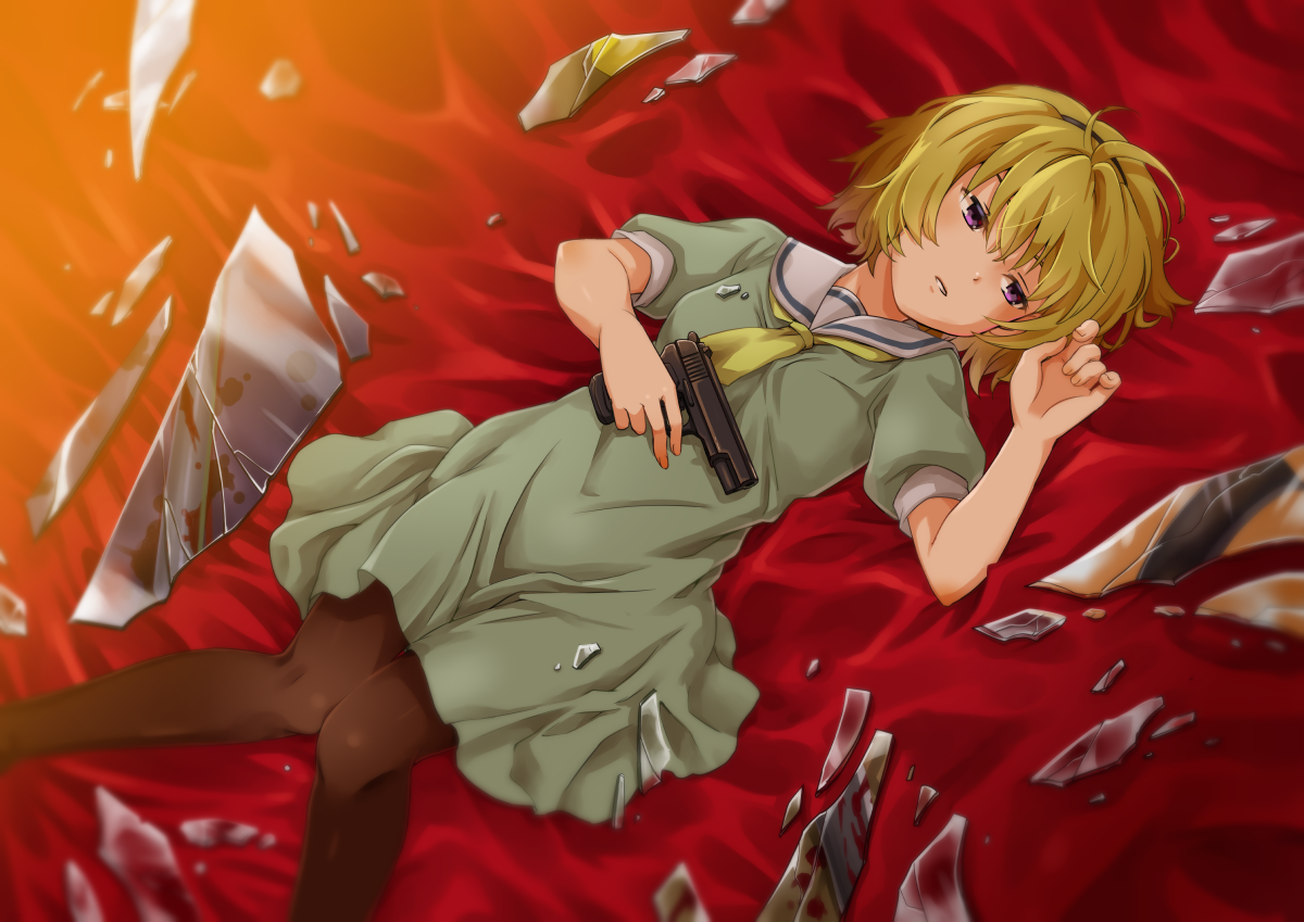 1girl blonde_hair blood blood_splatter brown_pantyhose chigayasan commentary_request dress feet_out_of_frame glass_shards green_dress gun handgun higurashi_no_naku_koro_ni higurashi_no_naku_koro_ni_gou holding holding_gun holding_weapon houjou_satoko knees_together_feet_apart lying neckerchief on_back pantyhose parted_lips purple_eyes short_hair short_sleeves solo tokarev_tt-33 weapon yellow_neckerchief