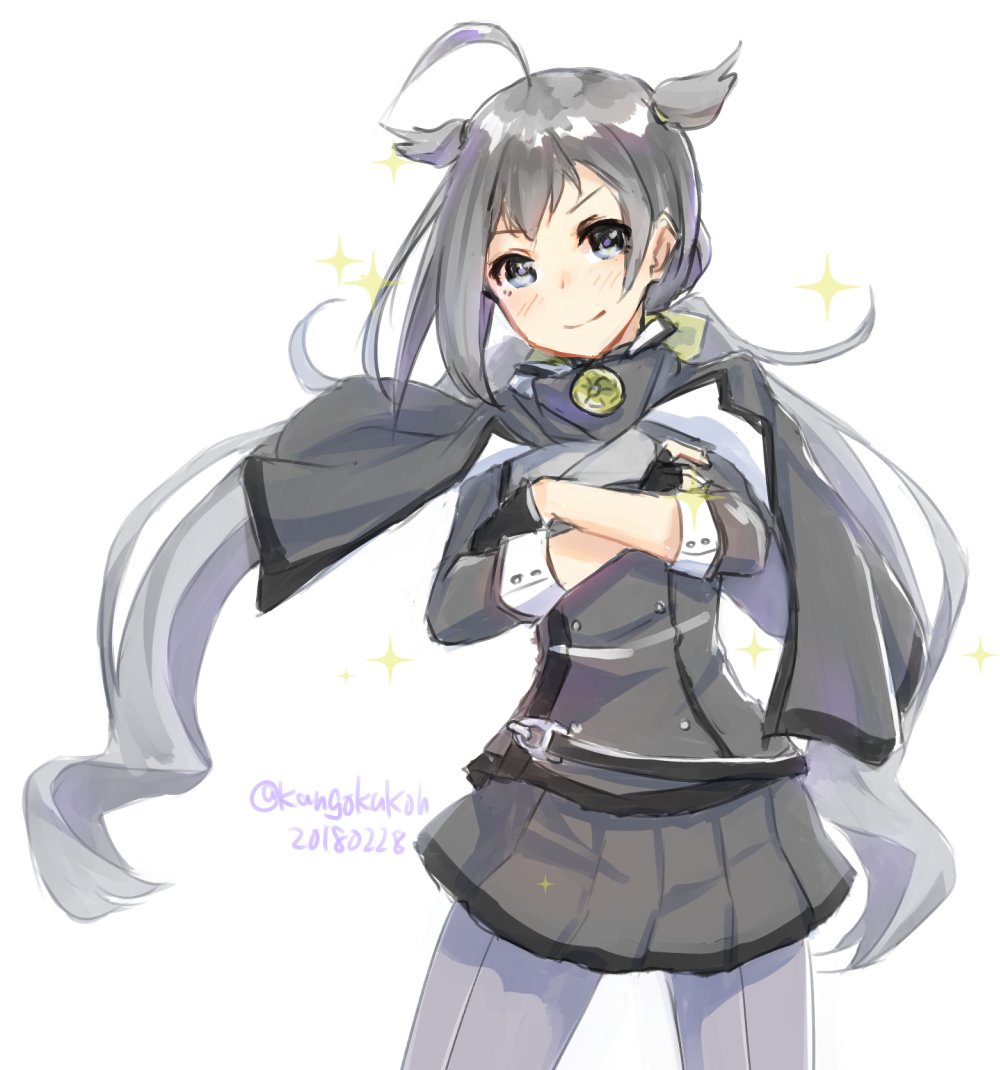 1girl ahoge black_gloves capelet collar commentary_request cosplay crossed_arms dated female_focus fingerless_gloves gloves grey_eyes grey_hair grey_pantyhose grey_skirt hair_flaps kangoku_kou kantai_collection kikumon kiyoshimo_(kancolle) long_hair low_twintails musashi_(kancolle) musashi_(kancolle)_(cosplay) musashi_kai_ni_(kancolle) pantyhose pleated_skirt simple_background skirt solo sparkle twintails twitter_username very_long_hair white_background