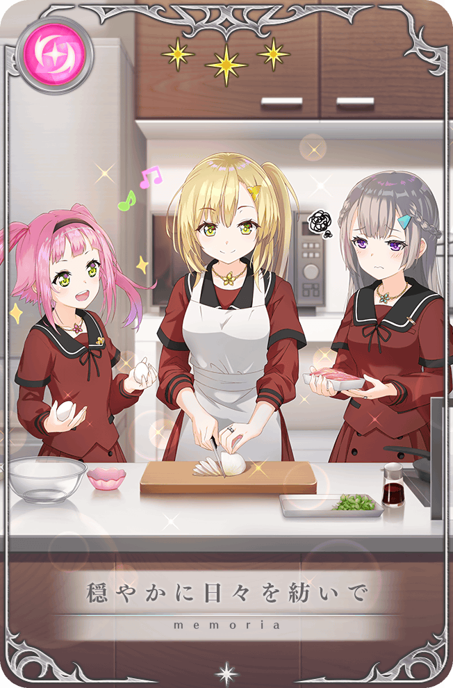 3girls apron artist_request black_headband black_sailor_collar blonde_hair braid card_(medium) cooking cutting cutting_board egg flower flower_necklace grey_hair hair_ornament hairclip headband holding holding_egg jewelry kitchen long_hair magia_record:_mahou_shoujo_madoka_magica_gaiden mahou_shoujo_madoka_magica mikuri_ayame multiple_girls musical_note necklace official_art picture_frame pink_hair purple_eyes red_shirt red_skirt ring sailor_collar sankyoin_academy_school_uniform school_uniform scribble shirt shizumi_konoha side_braids side_ponytail skirt sparkle star_(symbol) translated twintails white_apron yellow_eyes yusa_hazuki