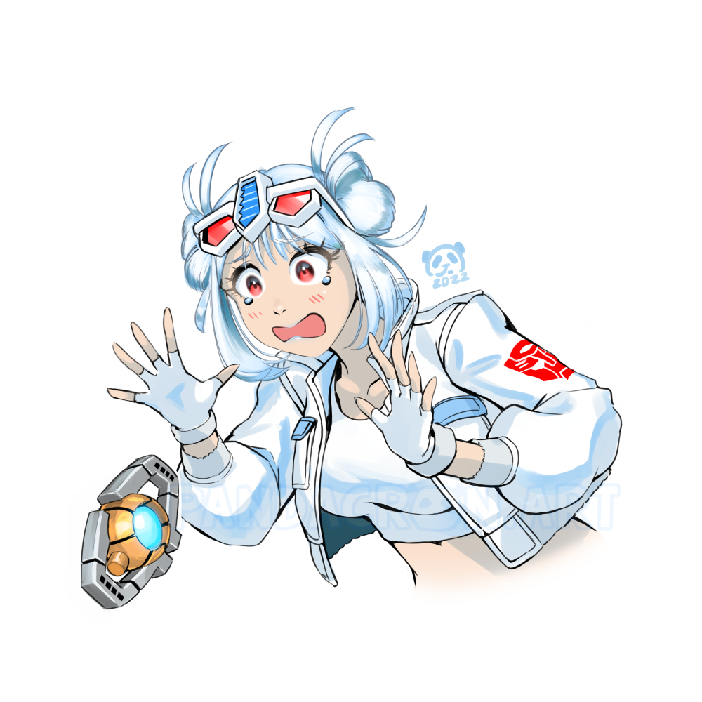 1girl 2022 alternate_color autobot breasts collarbone cropped_shirt double_bun eyewear_on_head genderswap genderswap_(mtf) hair_bun kotobukiya_bishoujo matrix_of_leadership medium_breasts open_hands optimus_prime optimus_prime_(kotobukiya_bishoujo) pandacron personification red_eyes shirt solo tearing_up transformers ultra_magnus upper_body white_background white_hair white_shirt