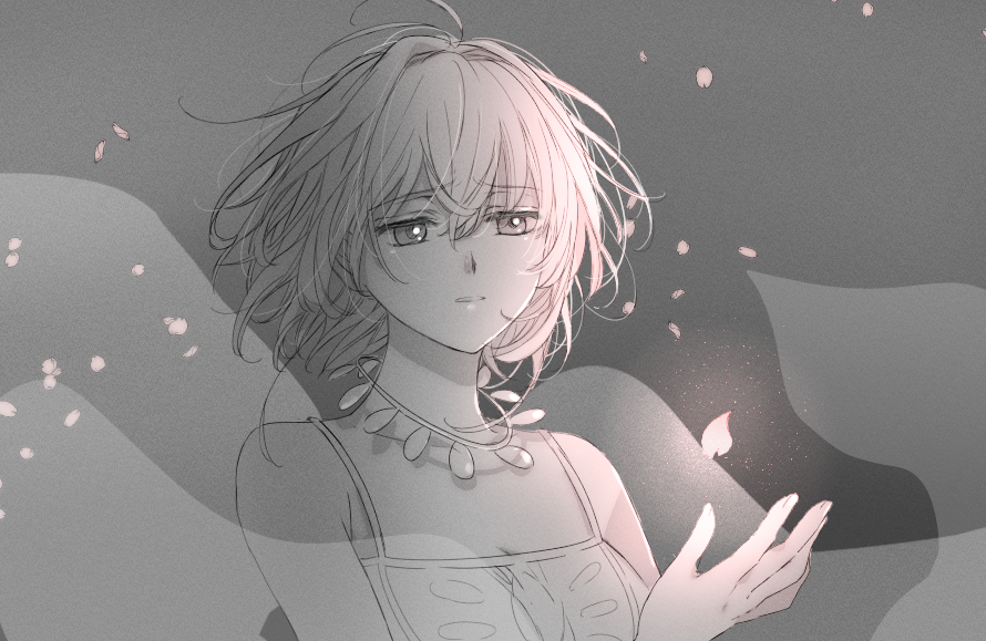 1girl antenna_hair bad_id bad_twitter_id bare_shoulders dress expressionless jewelry light_particles looking_down monochrome necklace parted_lips petals rii2a77ru sakura_hime short_hair solo spot_color tsubasa_chronicle upper_body wind