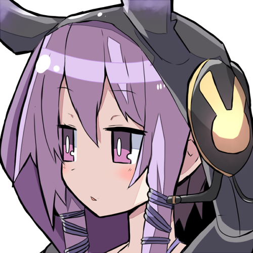 1girl animal_hood black_hoodie blush bright_pupils commentary_request disgaea expressionless harada_takehito_(style) headphones_over_headwear hood hood_up hoodie jitome kuromu_(underporno) looking_ahead lowres parody parted_lips portrait purple_eyes purple_hair rabbit_hood short_hair_with_long_locks solo style_parody transparent_background vocaloid voiceroid white_pupils yuzuki_yukari yuzuki_yukari_(lin)