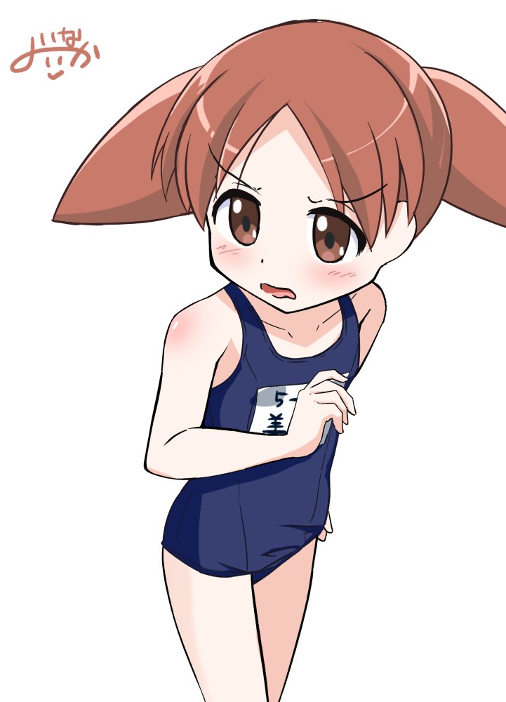 1girl azumanga_daiou blue_one-piece_swimsuit brown_eyes brown_hair collarbone commentary feet_out_of_frame flat_chest inakami long_hair mihama_chiyo name_tag old_school_swimsuit one-piece_swimsuit school_swimsuit signature simple_background solo standing swimsuit twintails wavy_mouth white_background