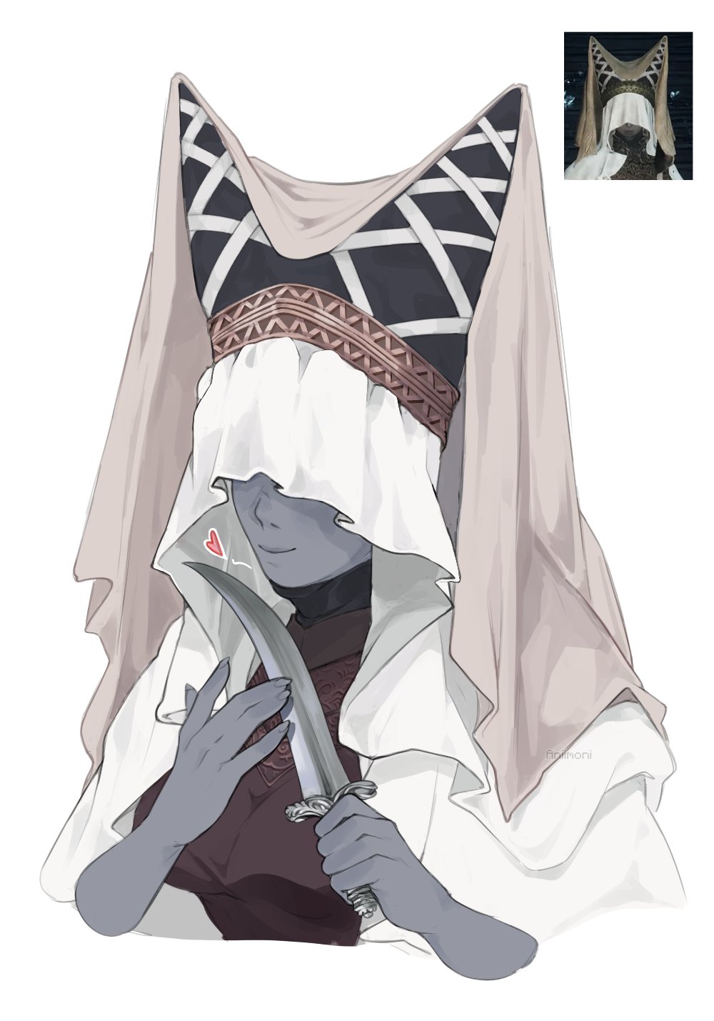 1girl aniimoni1 breasts closed_mouth colored_skin commentary covered_eyes dagger elden_ring english_commentary game_screenshot_inset grey_skin heart highres holding holding_dagger holding_knife holding_weapon horned_armor knife large_breasts night_maiden_(elden_ring) simple_background smile solo upper_body veil weapon white_background white_veil