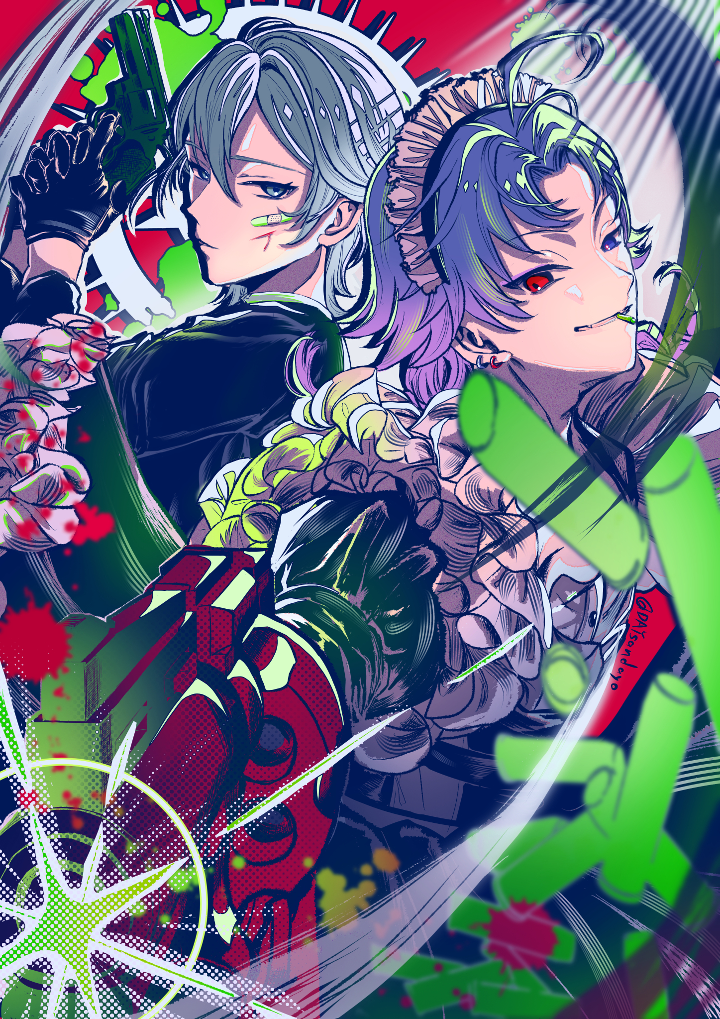 18trip 2boys antenna_hair arm_up bandaid black_gloves black_jacket blood blood_on_face blood_splatter daysandayo earrings firing frilled_sleeves frills gloves gradient_hair grey_eyes grey_hair gun hachinoya_nagi hair_between_eyes handgun heterochromia highres holding holding_gun holding_weapon jacket jewelry long_sleeves looking_at_viewer machine_gun maid_headdress male_focus medium_hair multicolored_hair multiple_boys parted_bangs purple_hair red_eyes smile weapon yowa_netaro