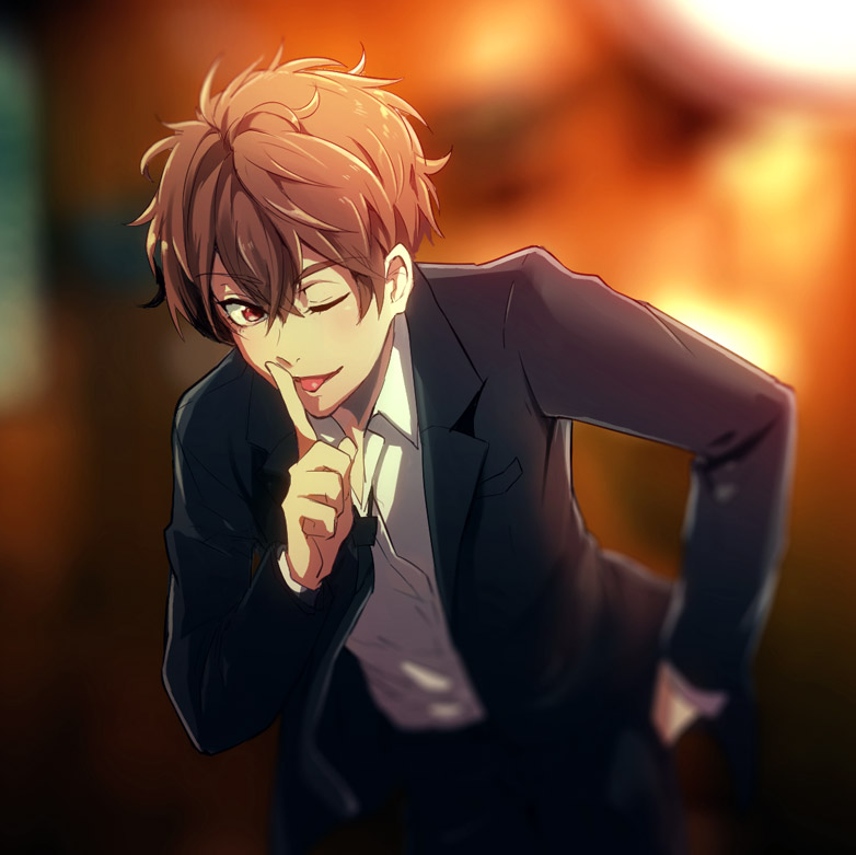 10s 1boy bad_id bad_pixiv_id brown_hair formal_clothes free! high_speed! kirishima_natsuya male_focus necktie one_eye_closed rayu red_eyes solo suit tongue tongue_out upper_body