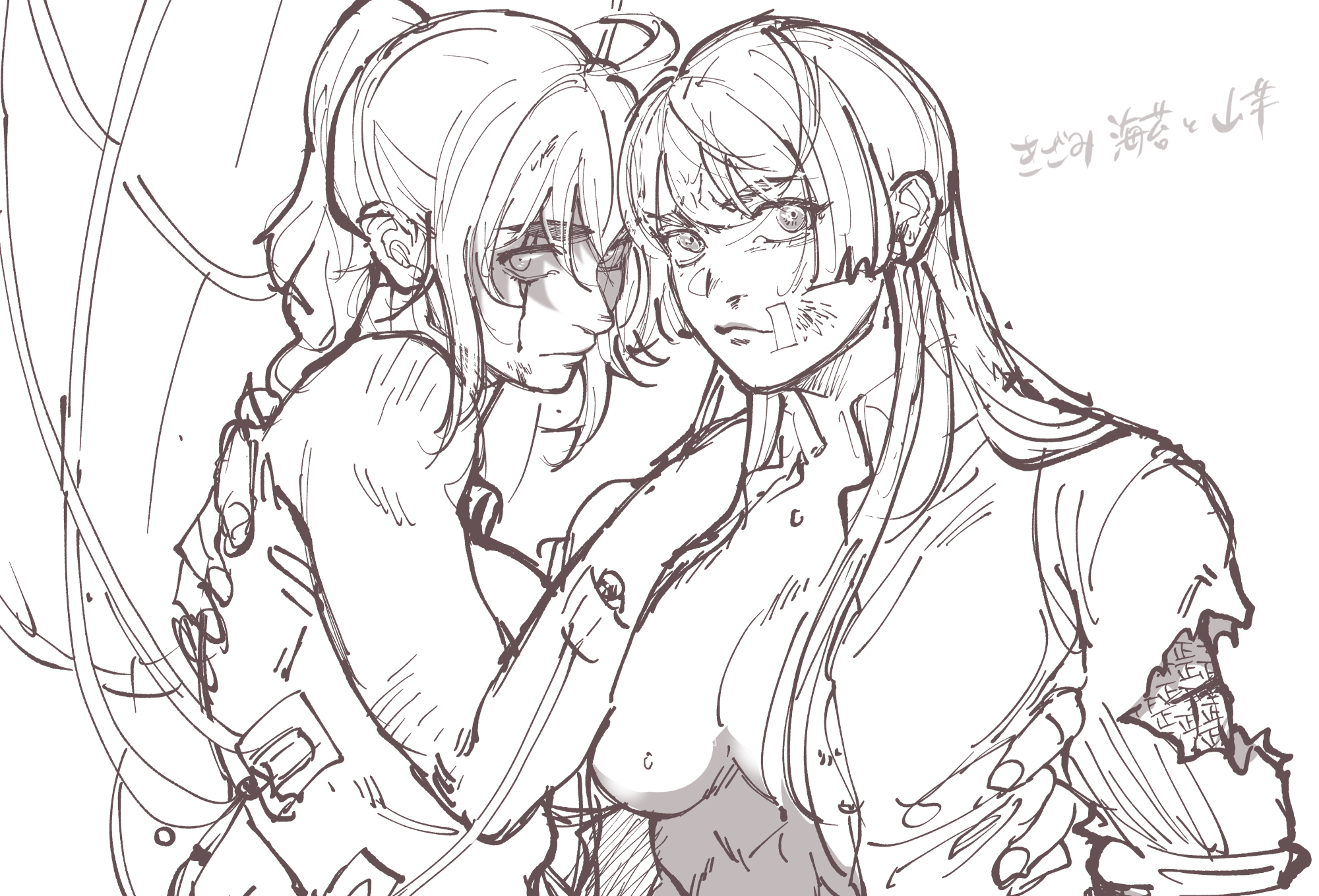 2girls ahoge arm_around_back bandaid bandaid_on_face blood blood_on_face body_writing breasts bruise bruise_on_face closed_mouth female_protagonist_(live_a_hero) hand_on_another's_shoulder high_ponytail highres injury intravenous_drip kizami_nori_to_yamaimo live_a_hero long_hair looking_at_viewer looking_to_the_side medium_breasts multiple_girls nude open_clothes open_shirt ponytail protagonist_2_(housamo) sidelocks signature simple_background tally thick_eyebrows tokyo_houkago_summoners torn_clothes white_background