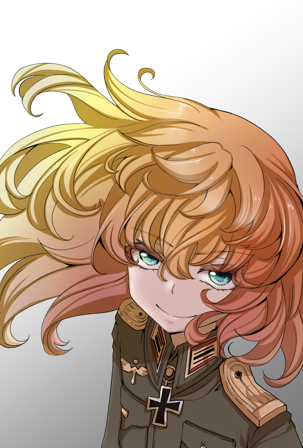 1girl blonde_hair blue_eyes cross eyes_visible_through_hair female_focus gradient_background grey_background hair_blowing hal_(goshujinomocha) highres iron_cross jacket looking_at_viewer military military_jacket military_uniform smile solo tanya_degurechaff upper_body youjo_senki