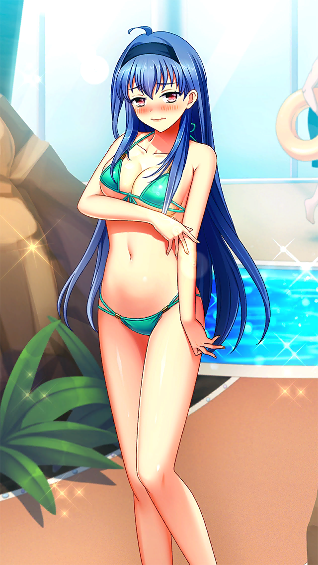 1girl ahoge aqua_bikini bare_arms bare_legs bikini blue_hair blue_hairband blush breasts cleavage closed_mouth collarbone doukyuusei_(series) doukyuusei_another_world embarrassed feet_out_of_frame floating_hair front-tie_bikini_top front-tie_top game_cg hairband kakyuusei_(series) kakyuusei_2 long_hair looking_at_viewer medium_breasts multi-strapped_bikini_bottom navel official_art orange_eyes outdoors shiny_skin sideboob solo sparkle standing swimsuit takatoo_nanase underboob very_long_hair wavy_mouth