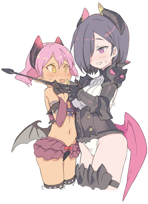 2girls blade_(galaxist) blush boots cosplay cropped_legs dark-skinned_female dark_skin demon_girl demon_wings fang female_focus hair_over_one_eye holding holding_riding_crop horns low_wings midriff multiple_girls navel open_mouth pink_eyes pink_hair pointy_ears pop-up_story purple_eyes purple_hair revia_serge riding_crop short_hair simple_background skin_fang skirt smile sweatdrop tail thigh_boots thighhighs ursula_raiment volteria_dig_platidity volteria_dig_platidity_(cosplay) whip white_background wings yellow_eyes yuri