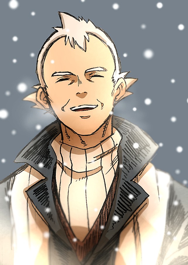 1boy blurry closed_eyes coat commentary_request happy male_focus nintendo open_mouth pokemon pokemon_hgss popped_collar pryce_(pokemon) sanwari_(aruji_yume) scarf short_hair smile snowing solo sweater teeth tongue upper_body upper_teeth_only vest white_hair white_scarf