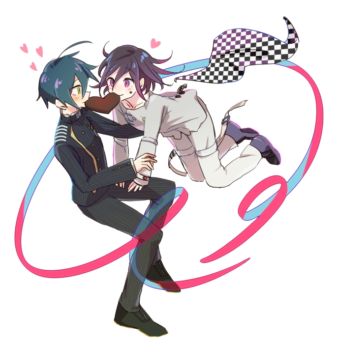2boys ahoge black_hair black_jacket blush buttons candy checkered_clothes checkered_scarf chocolate chocolate_heart collared_jacket commentary_request crumbs danganronpa_(series) danganronpa_v3:_killing_harmony flipped_hair food full_body hair_between_eyes heart heart-shaped_food jacket long_sleeves male_focus midair multiple_boys oma_kokichi pants purple_eyes purple_hair saihara_shuichi scarf sharing_food shirt short_hair shou_(past) simple_background smile striped_clothes striped_jacket striped_pants thigh_strap two-tone_scarf unworn_scarf valentine white_background yaoi yellow_eyes
