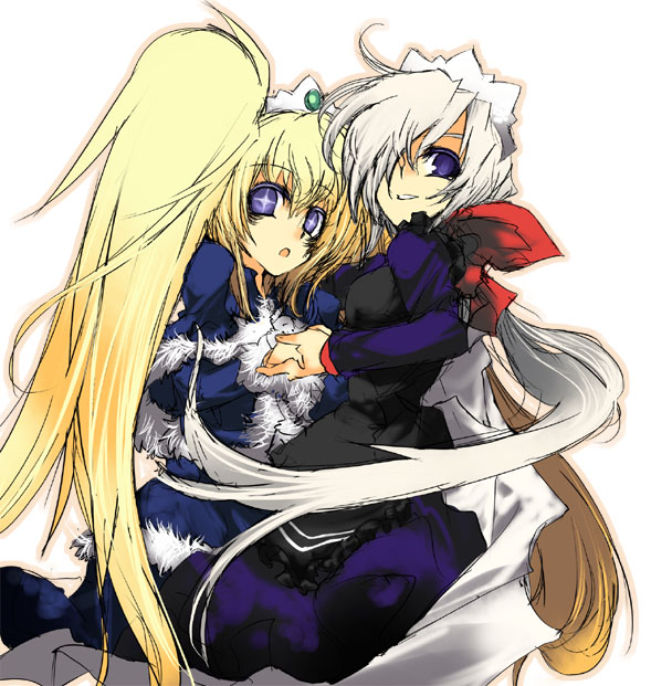 2girls aoguu bad_id bad_pixiv_id blonde_hair blue_eyes fancy futaba_channel itai long_hair multiple_girls nijiura_maids