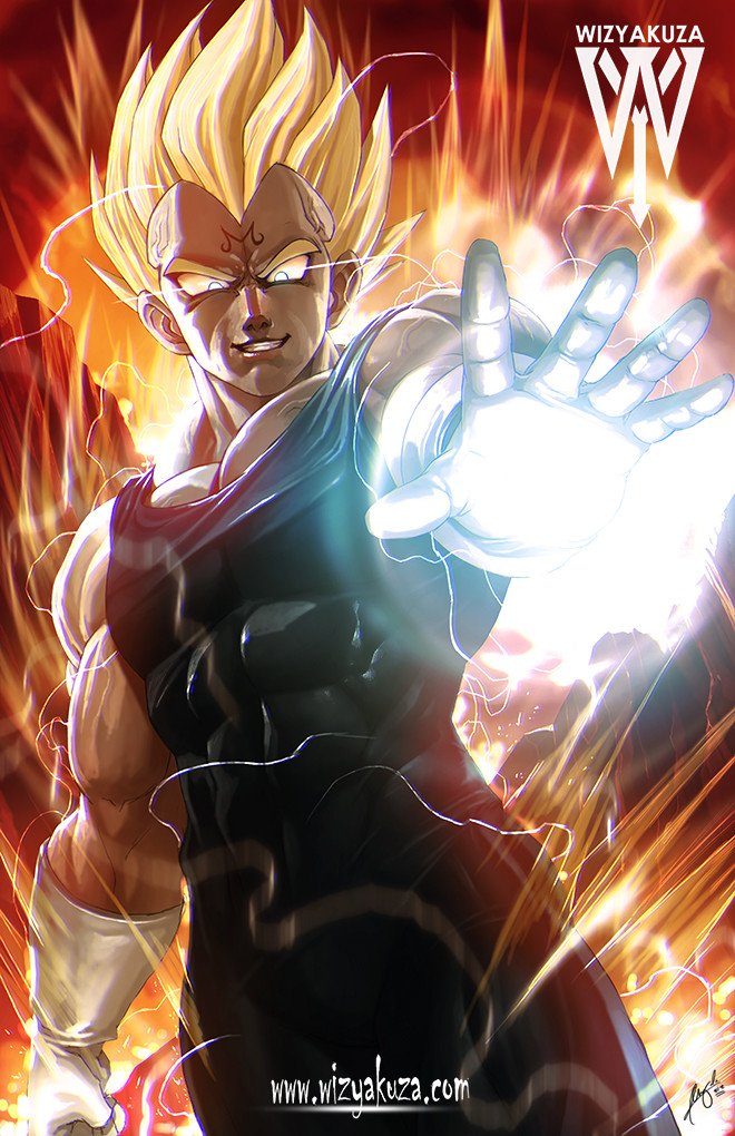 1boy abs artist_name aura big_bang_attack blonde_hair blue_eyes dragon_ball dragonball_z electricity evil_grin evil_smile facial_mark forehead_mark from_below gloves glowing grin majin_vegeta male_focus manly muscular signature smile solo spiked_hair super_saiyan super_saiyan_2 vegeta watermark web_address white_gloves wizyakuza